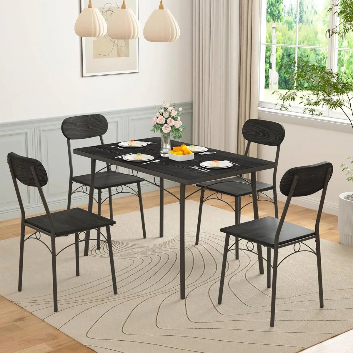 Modern 5-Piece Dining Set with Black Wood-Top Table and 4 Chairs