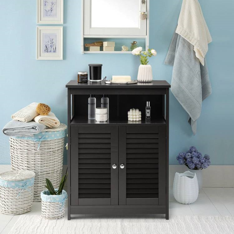 Black Farmhouse Bathroom Linen Cabinet with Louvered Doors and Open Shelf-1
