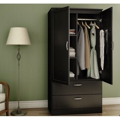 Modern Two Door Wardrobe Armoire with Two Drawers and Hanging Rod Storage, Black-1