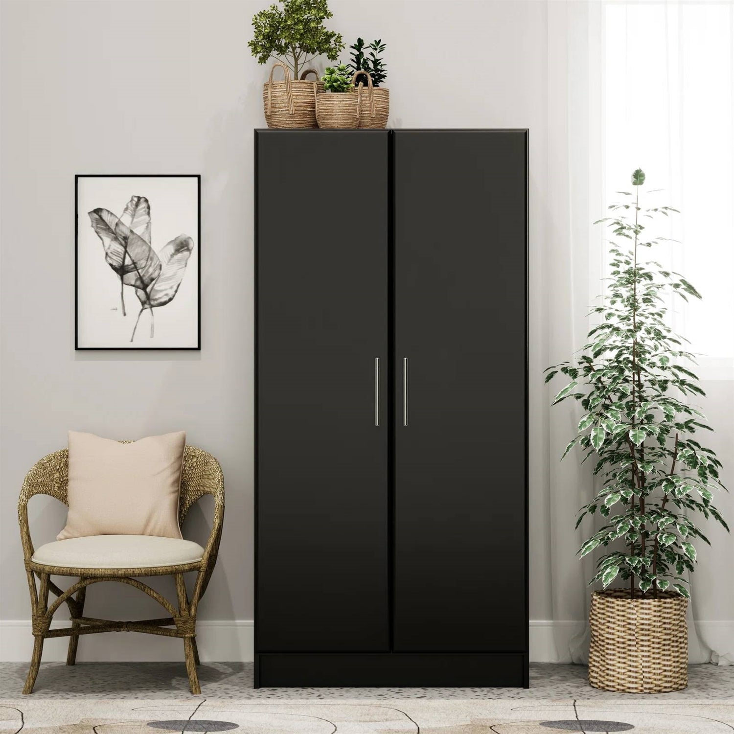 Bedroom Armoire Wardrobe Cabinet with Hanging Rail in Black Wood Finish-0