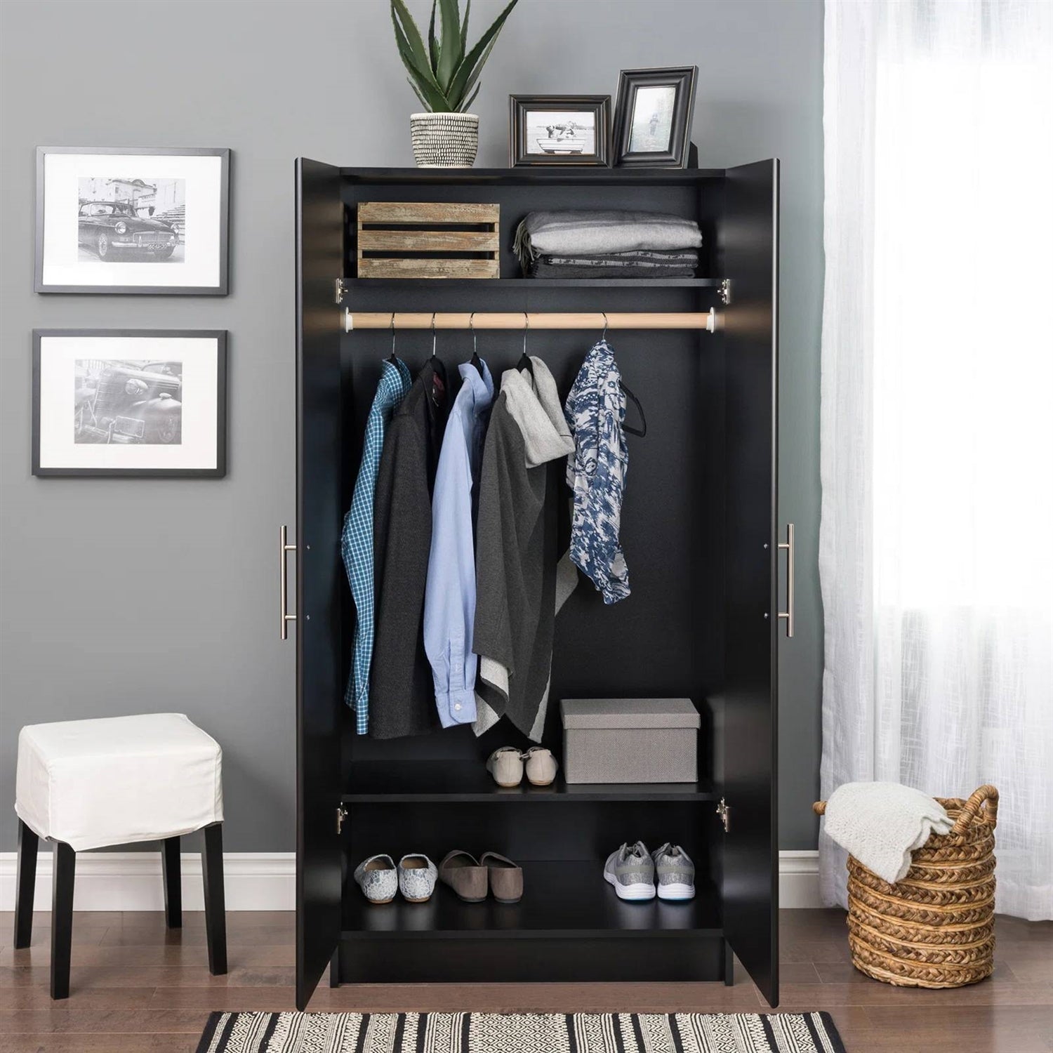 Bedroom Armoire Wardrobe Cabinet with Hanging Rail in Black Wood Finish-1