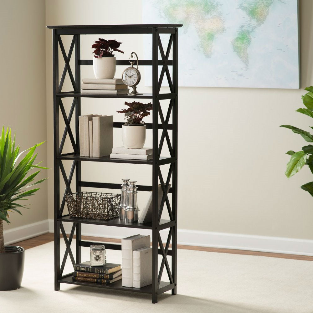 Tall 5-Tier Bookcase in Black Wood Finish-1