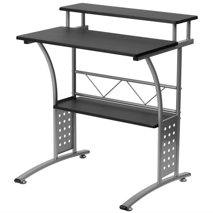 Modern Metal Frame Computer Desk with Black Laminate Top and Raised Shelf-0