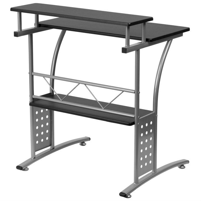 Modern Metal Frame Computer Desk with Black Laminate Top and Raised Shelf-1