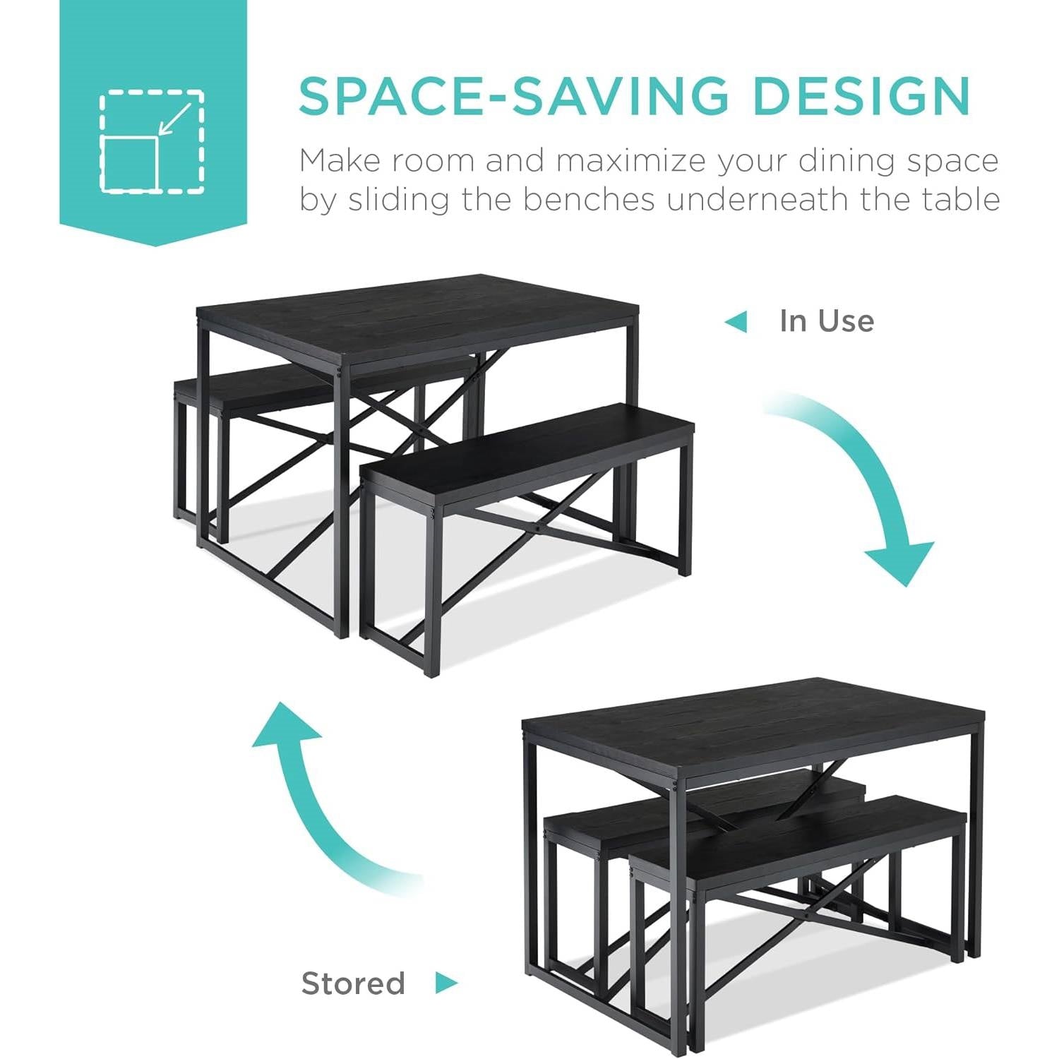 Modern 3-Piece Dining Set - Metal Frame Black Wood Top Table and 2 Bench Chairs-3