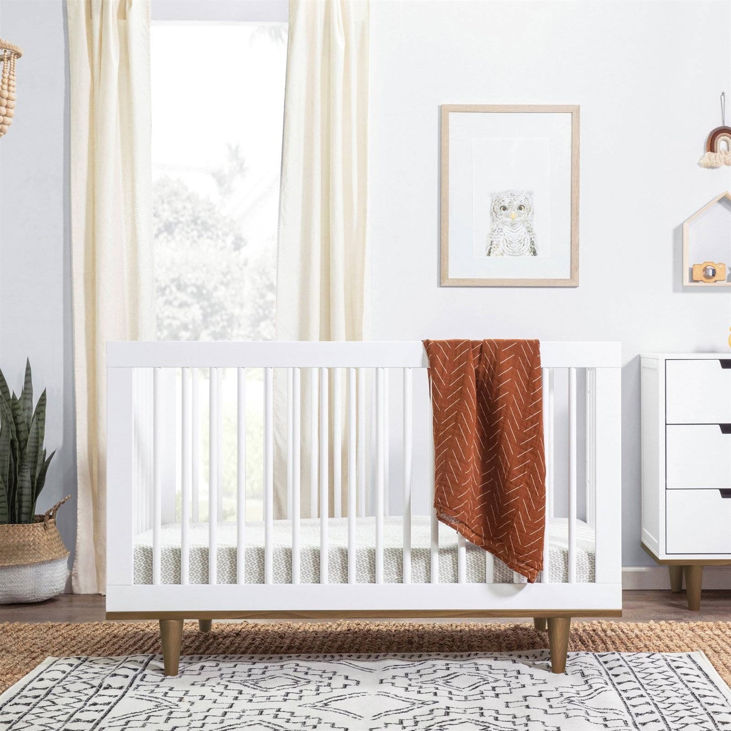 3-in-1 Modern Solid Wood Crib in White with Mid Century Style Legs in Walnut-0