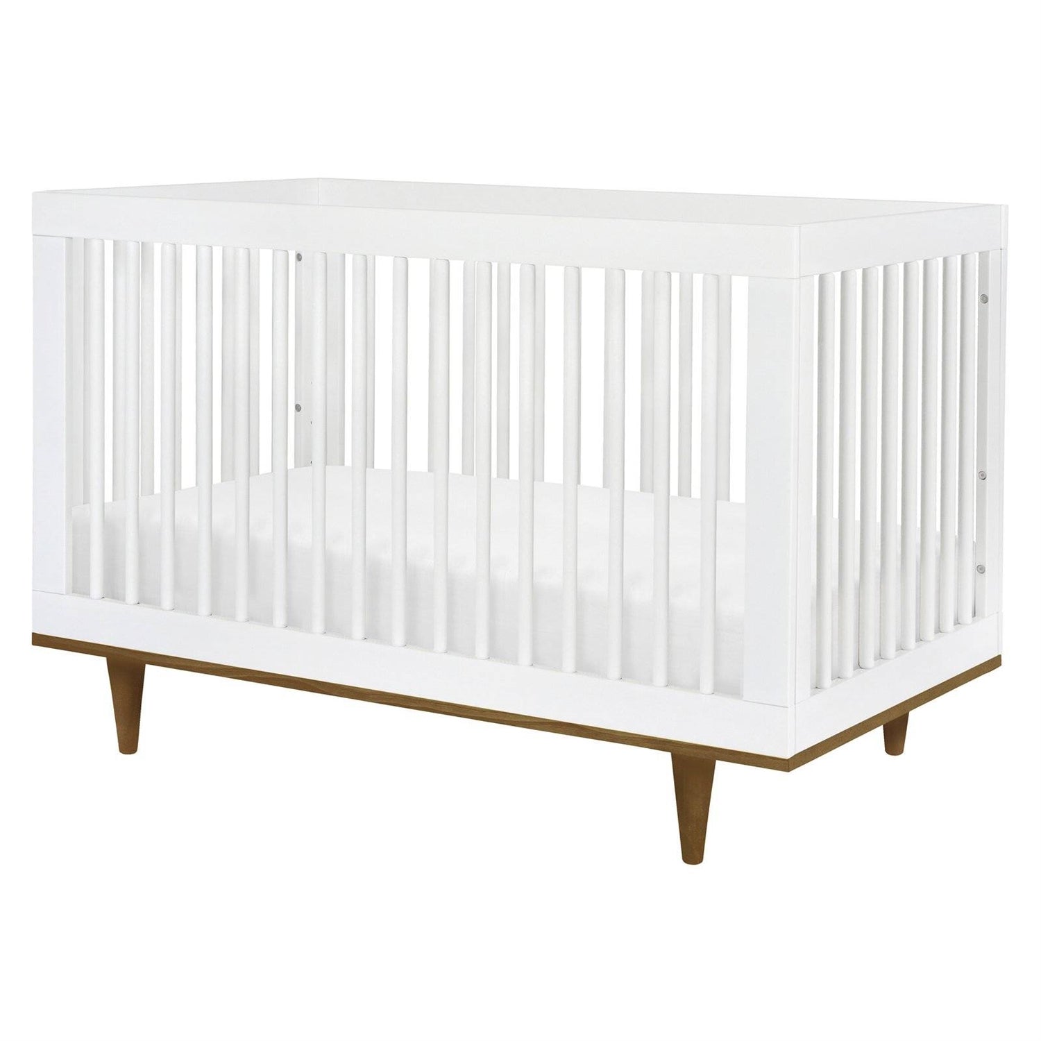 3-in-1 Modern Solid Wood Crib in White with Mid Century Style Legs in Walnut-1