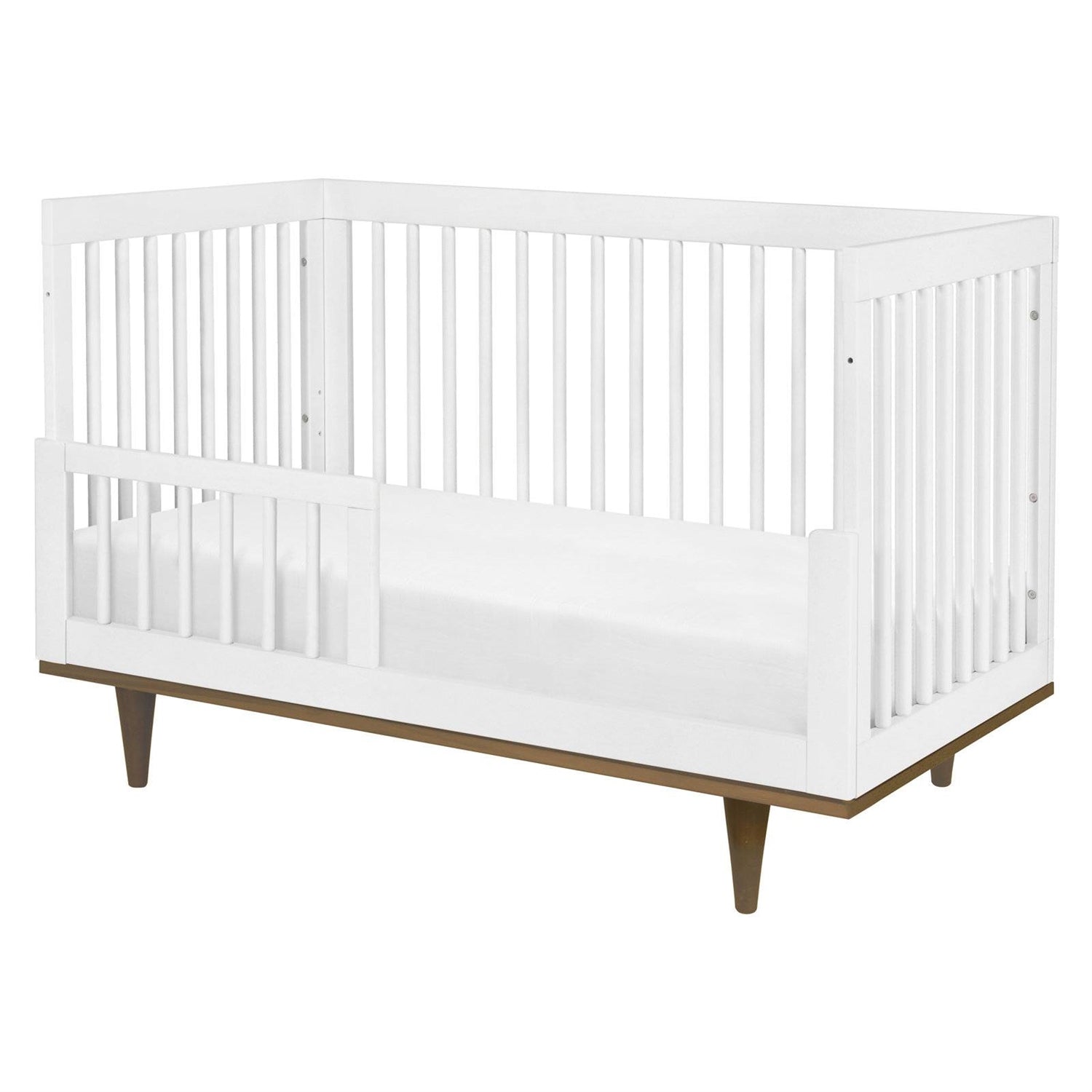 3-in-1 Modern Solid Wood Crib in White with Mid Century Style Legs in Walnut-2