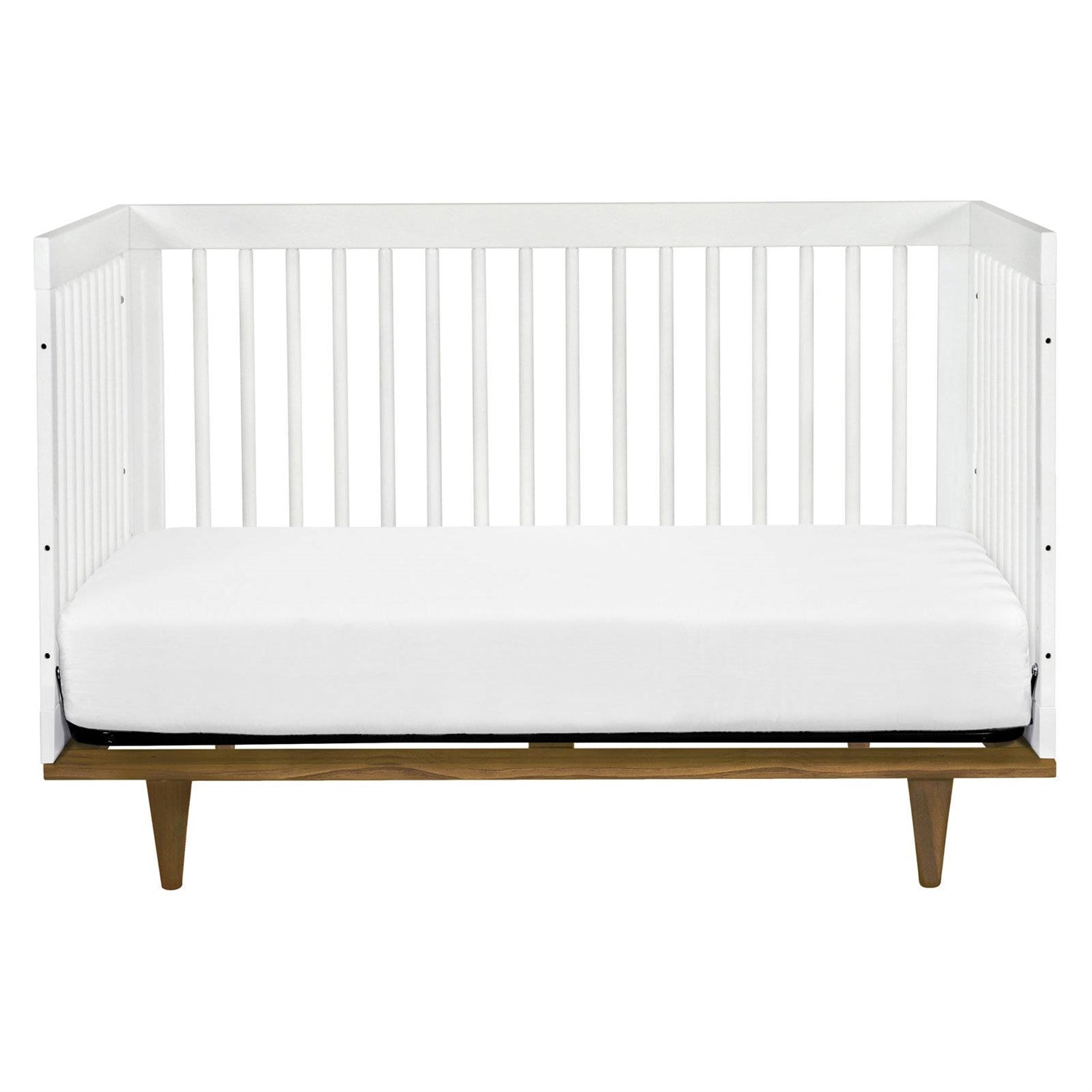 3-in-1 Modern Solid Wood Crib in White with Mid Century Style Legs in Walnut-3