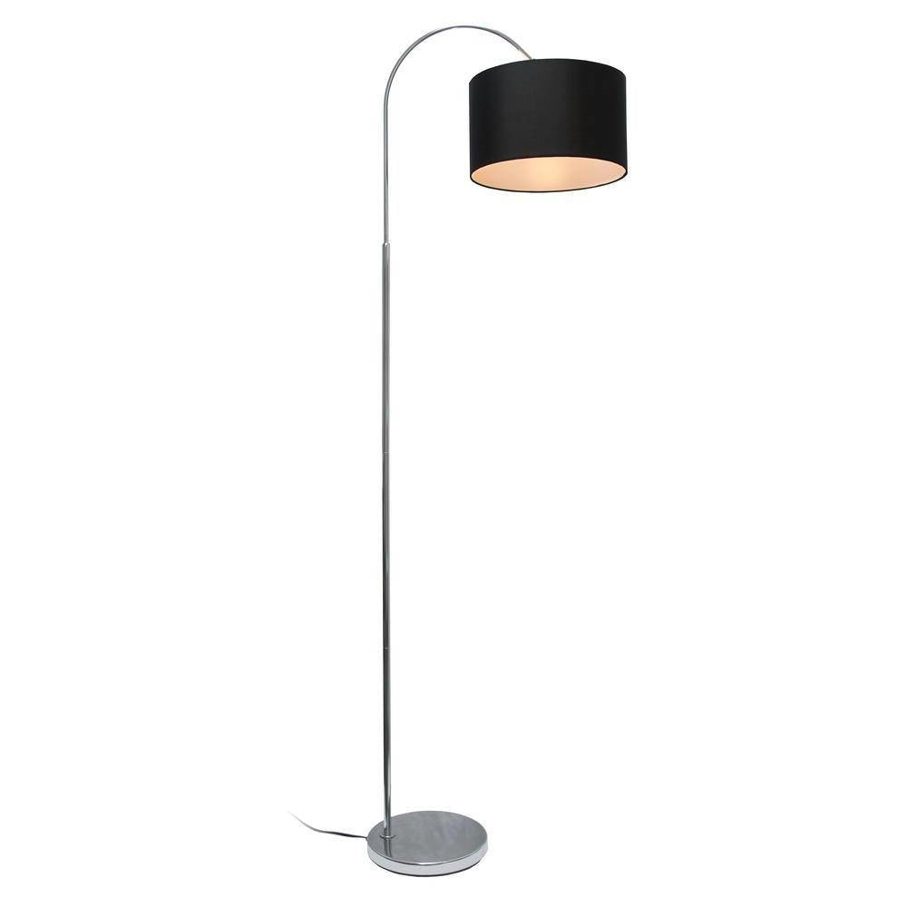 Mid-Century Modern Floor Lamp in Brushed Nickel Finish with Black Drum Shade-0