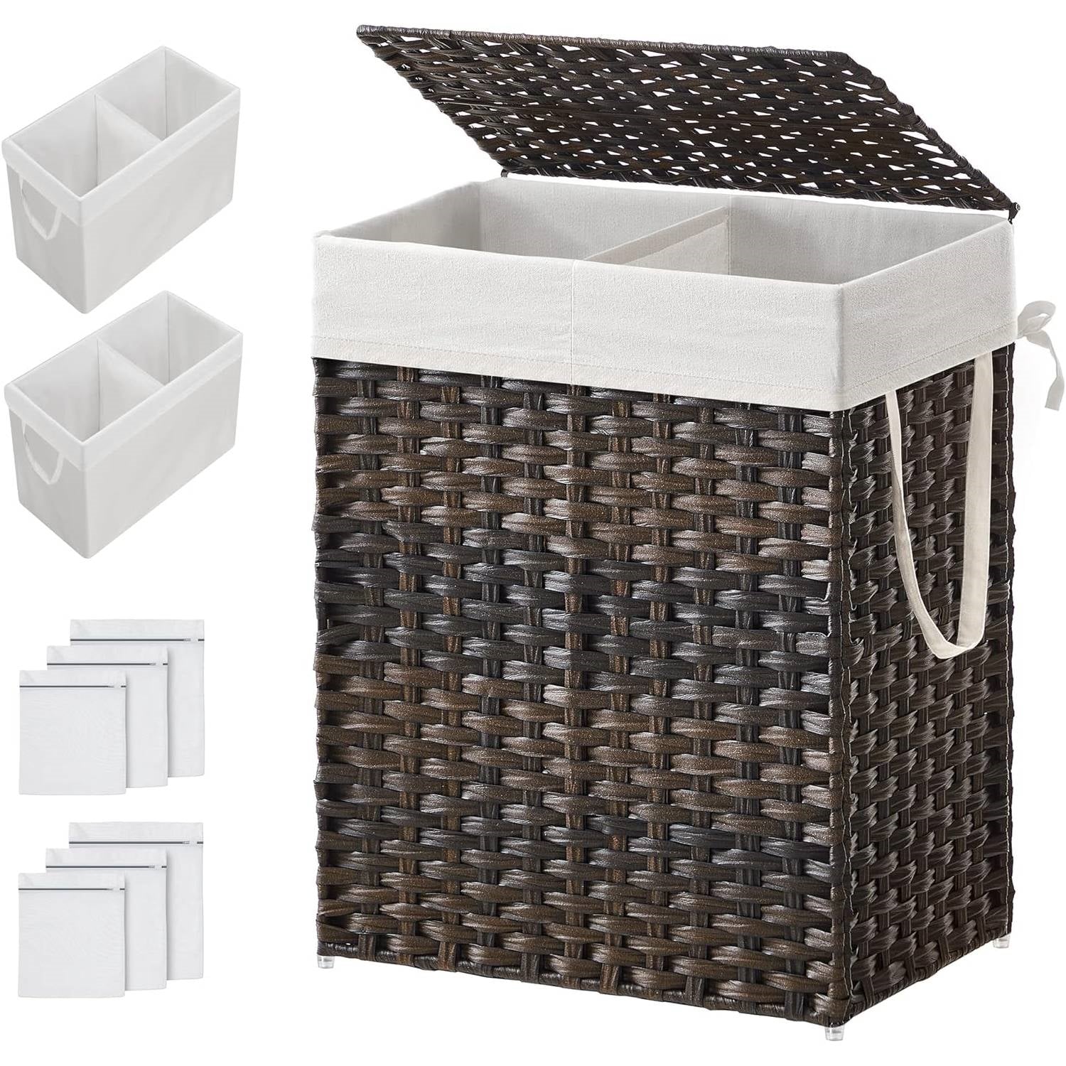 Brown PP Rattan 24-Gal Laundry Hamper Basket w/ 2-Compartment Washable Liner Bag-0