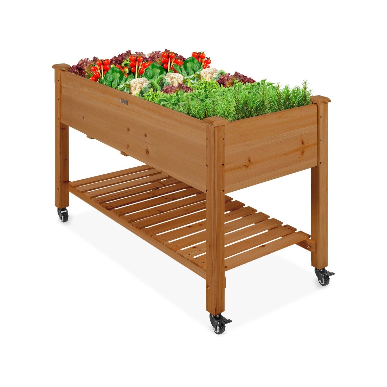 Outdoor Brown Wood Raised Garden Bed Planter Box with Shelf and Locking Wheels-0