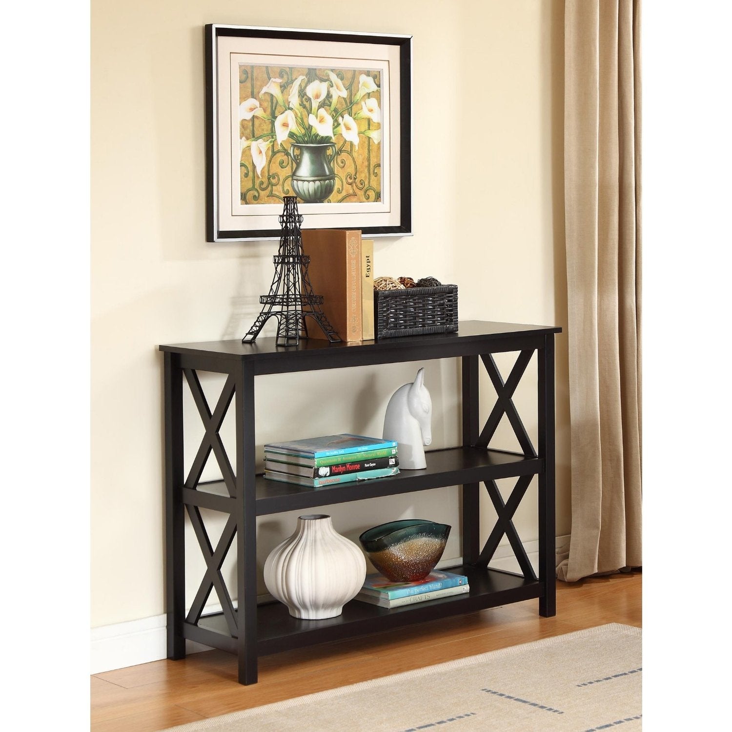 3-Tier Black Sofa Table Bookcase Living Room Shelves-0