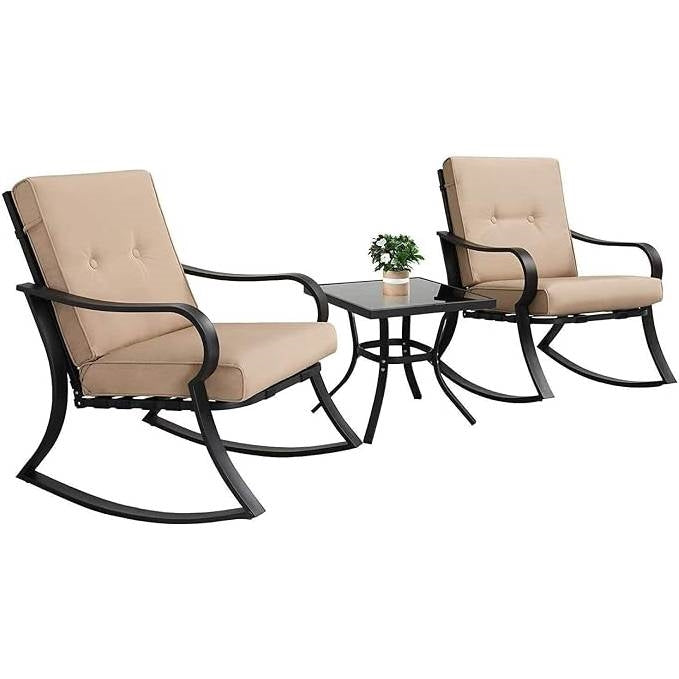 3-Piece Outdoor Patio Furniture Table Rocking Chairs Set with Beige Cushions-0