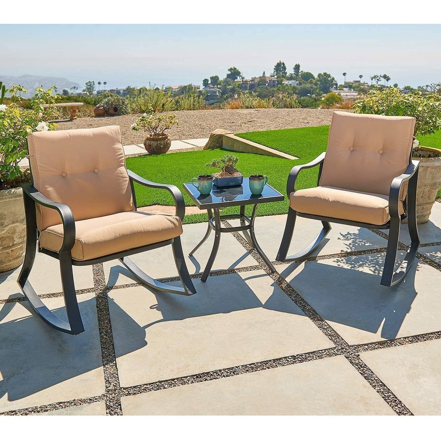 3-Piece Outdoor Patio Furniture Table Rocking Chairs Set with Beige Cushions-1