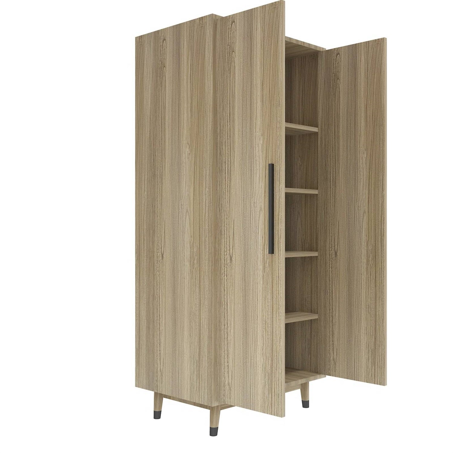 Mid-Century Modern 2-Door Bedroom Armoire Wardrobe Cabinet in Oak Wood Finish-3