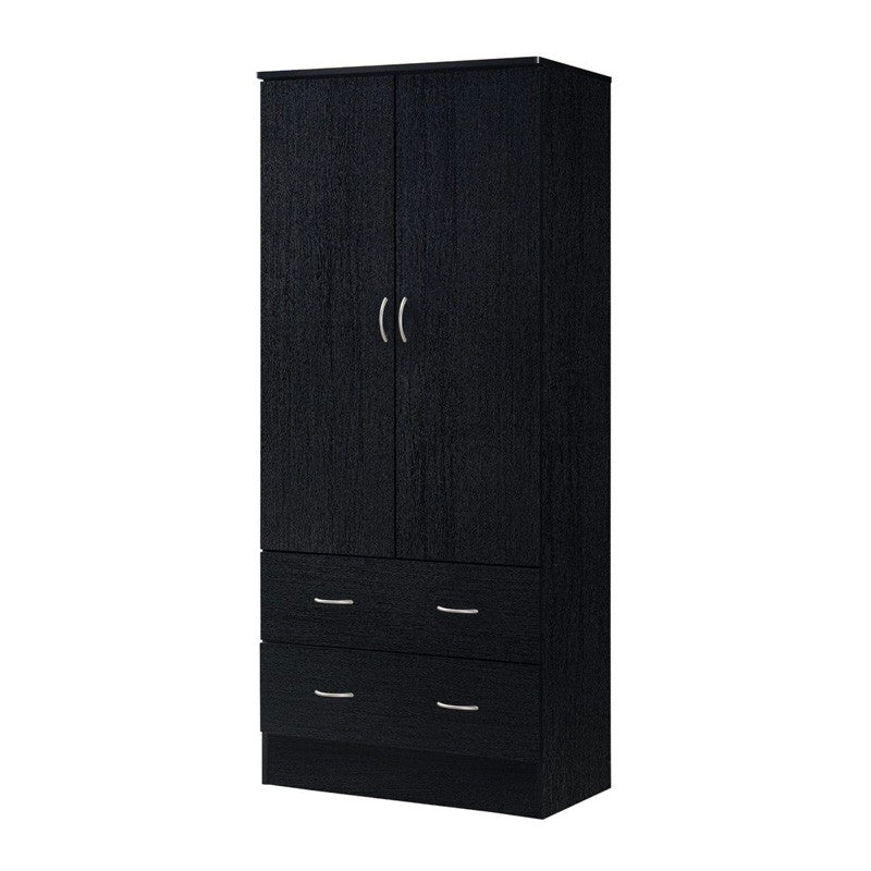 Black 2 Door Wardrobe Armoire with 2 Drawers and Hanging Rod Storage-0