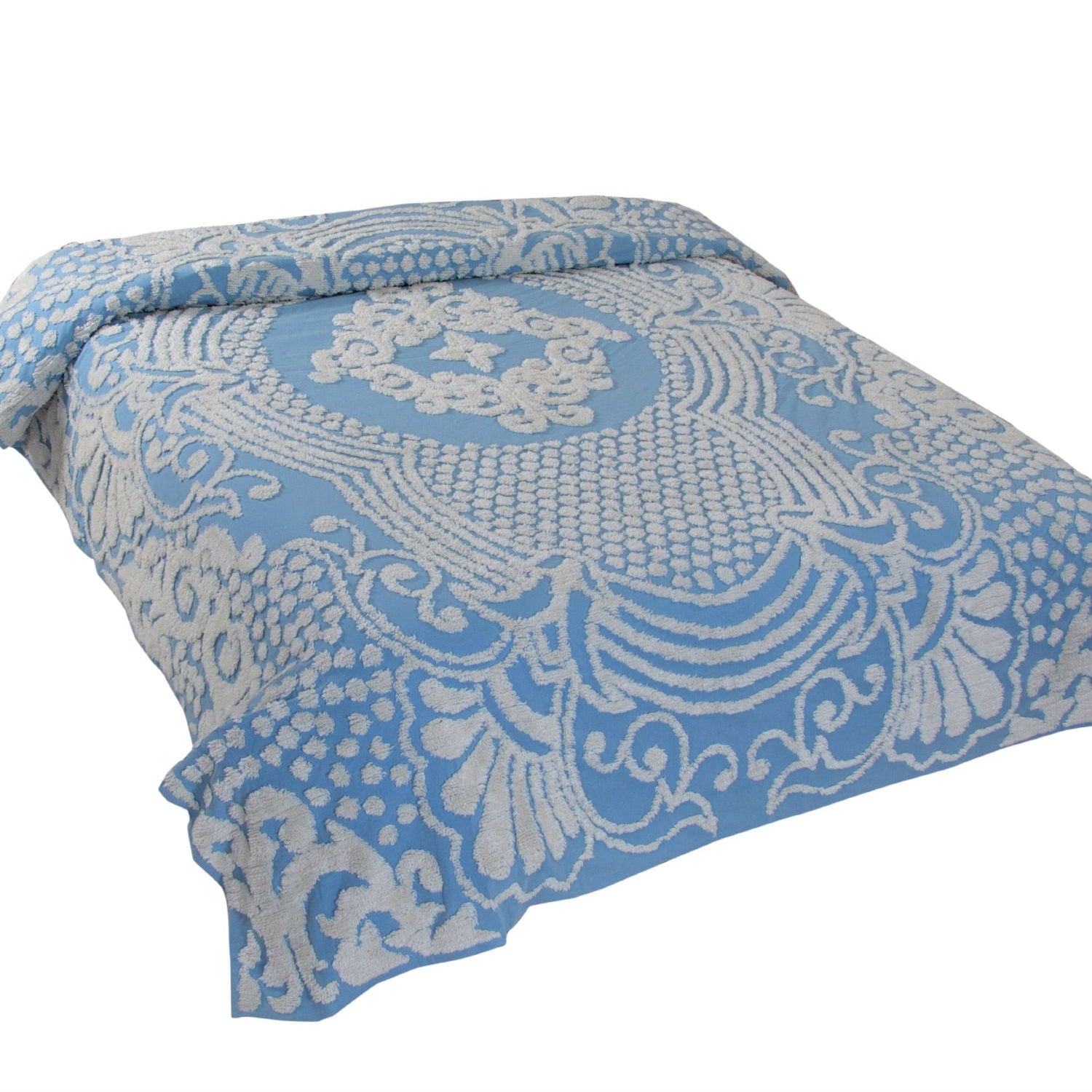 Queen size 100% Cotton Tufted Chenille Bedspread with Blue Damask Medallion-0