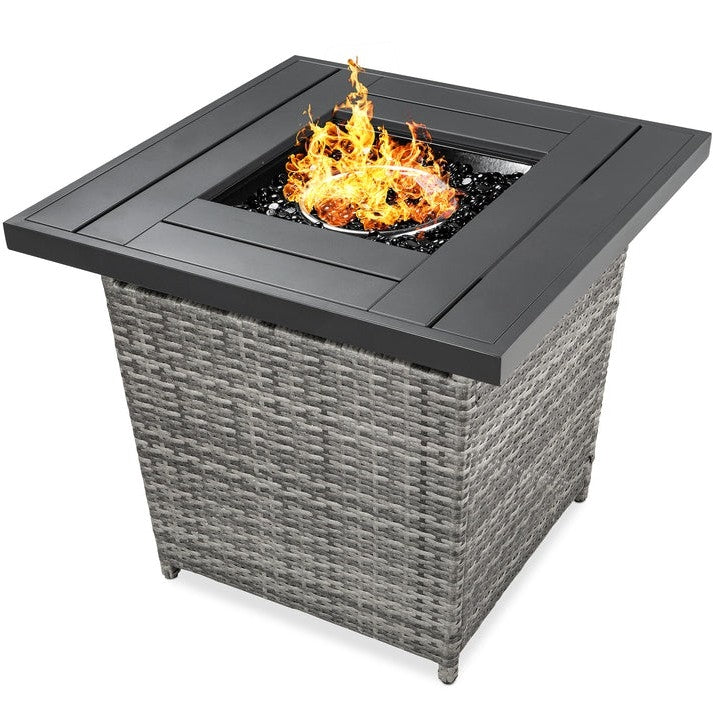 50,000 BTU Grey Wicker LP Gas Propane Fire Pit w/ Faux Wood Tabletop and Cover-0