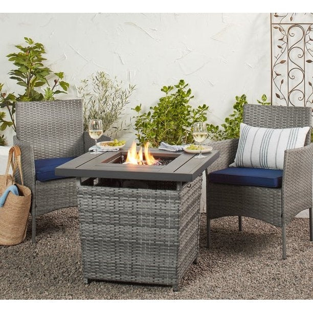 50,000 BTU Grey Wicker LP Gas Propane Fire Pit w/ Faux Wood Tabletop and Cover-3