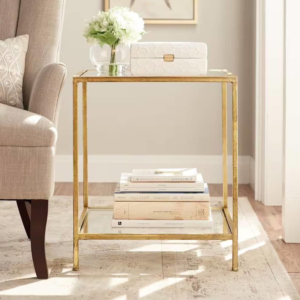 Square Accent Side Table Gold Metal Frame Glass Top Bottom Shelf Sofa Table-0