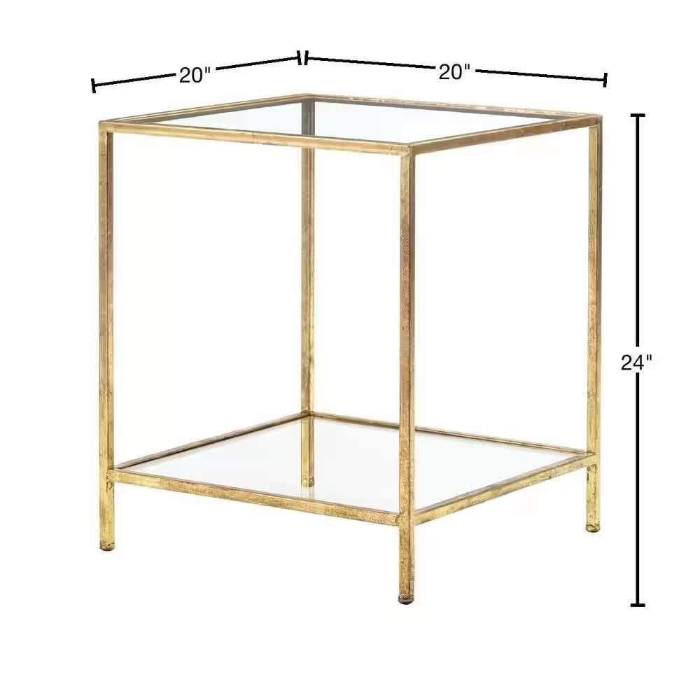 Square Accent Side Table Gold Metal Frame Glass Top Bottom Shelf Sofa Table-4