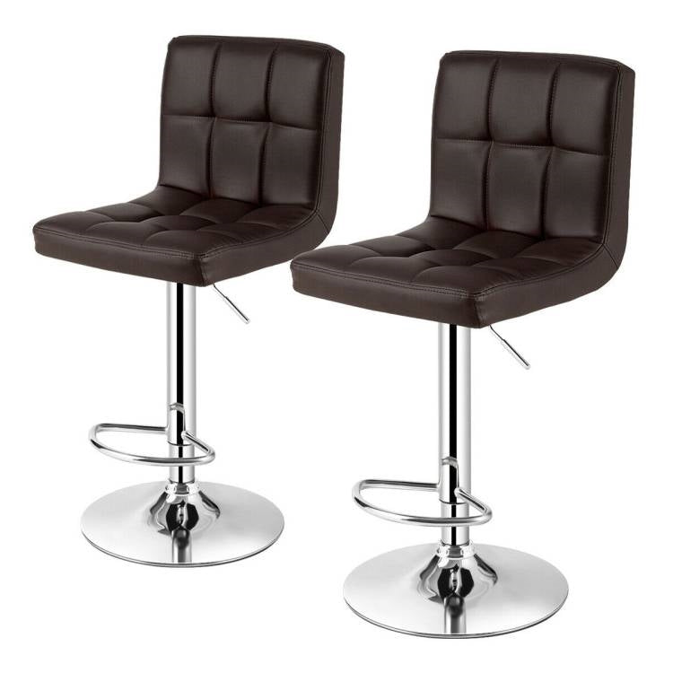 Set of 2 Modern Adjustable Height Barstools with Brown PU Leather Swivel Seat-0