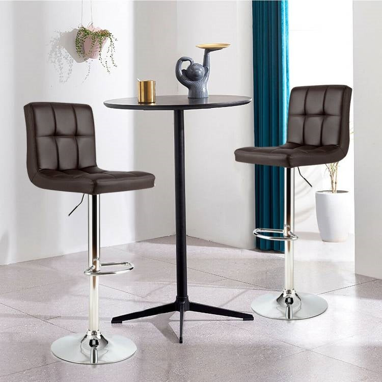 Set of 2 Modern Adjustable Height Barstools with Brown PU Leather Swivel Seat-1