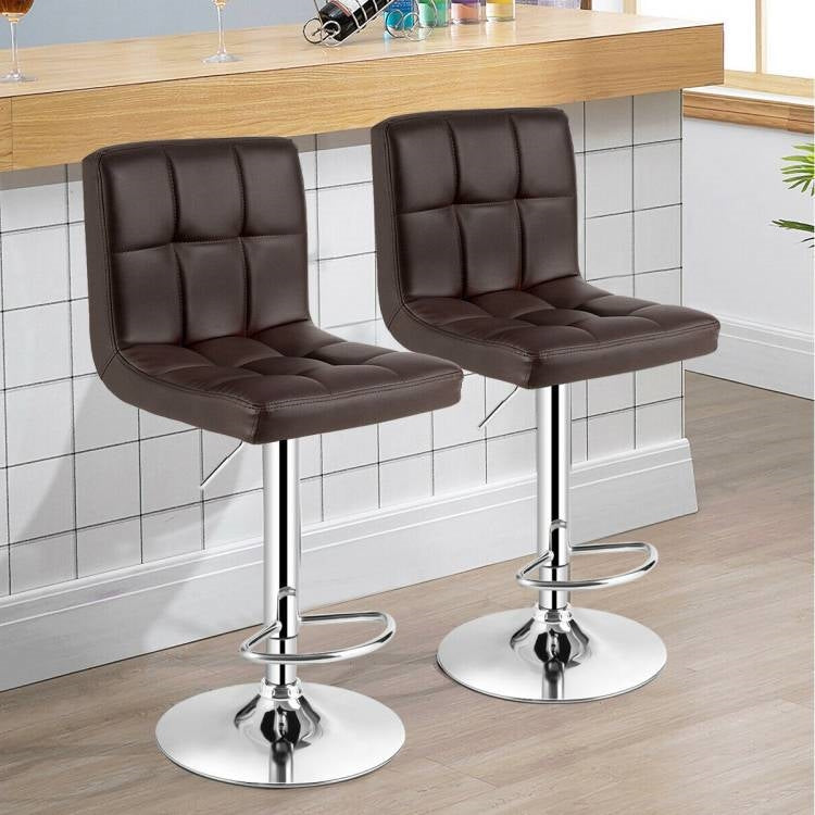 Set of 2 Modern Adjustable Height Barstools with Brown PU Leather Swivel Seat-2