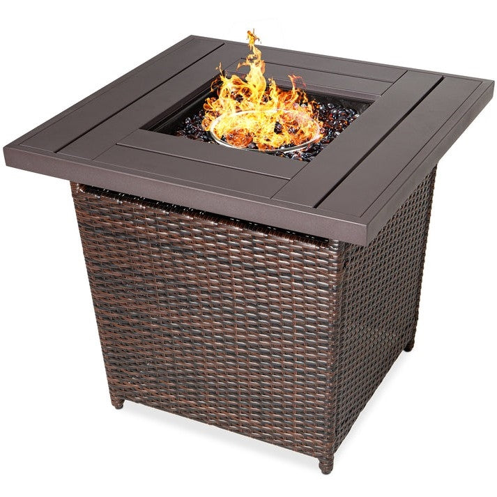 Brown Resin Wicker Fire Pit LP Gas Propane w/ Faux Wood Tabletop and Cover-0