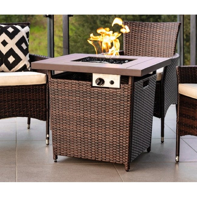 Brown Resin Wicker Fire Pit LP Gas Propane w/ Faux Wood Tabletop and Cover-3