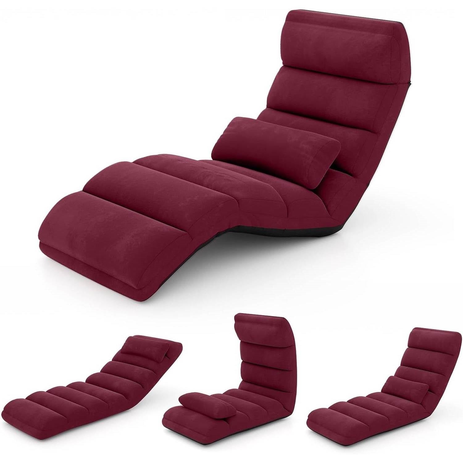 Burgundy Red Foldable Multi-Position Sofa Bed Lounger Couch with Pillow-0