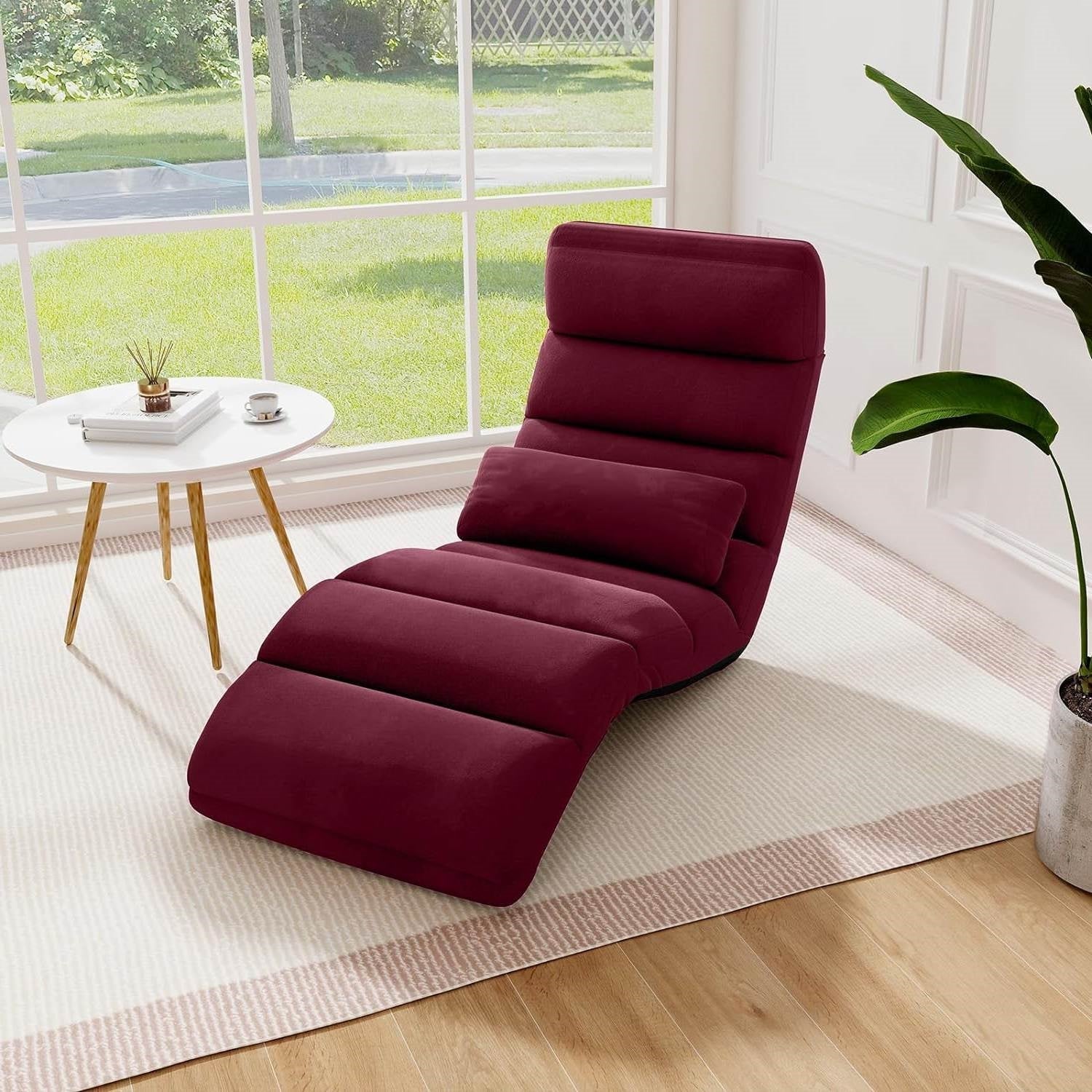 Burgundy Red Foldable Multi-Position Sofa Bed Lounger Couch with Pillow-1