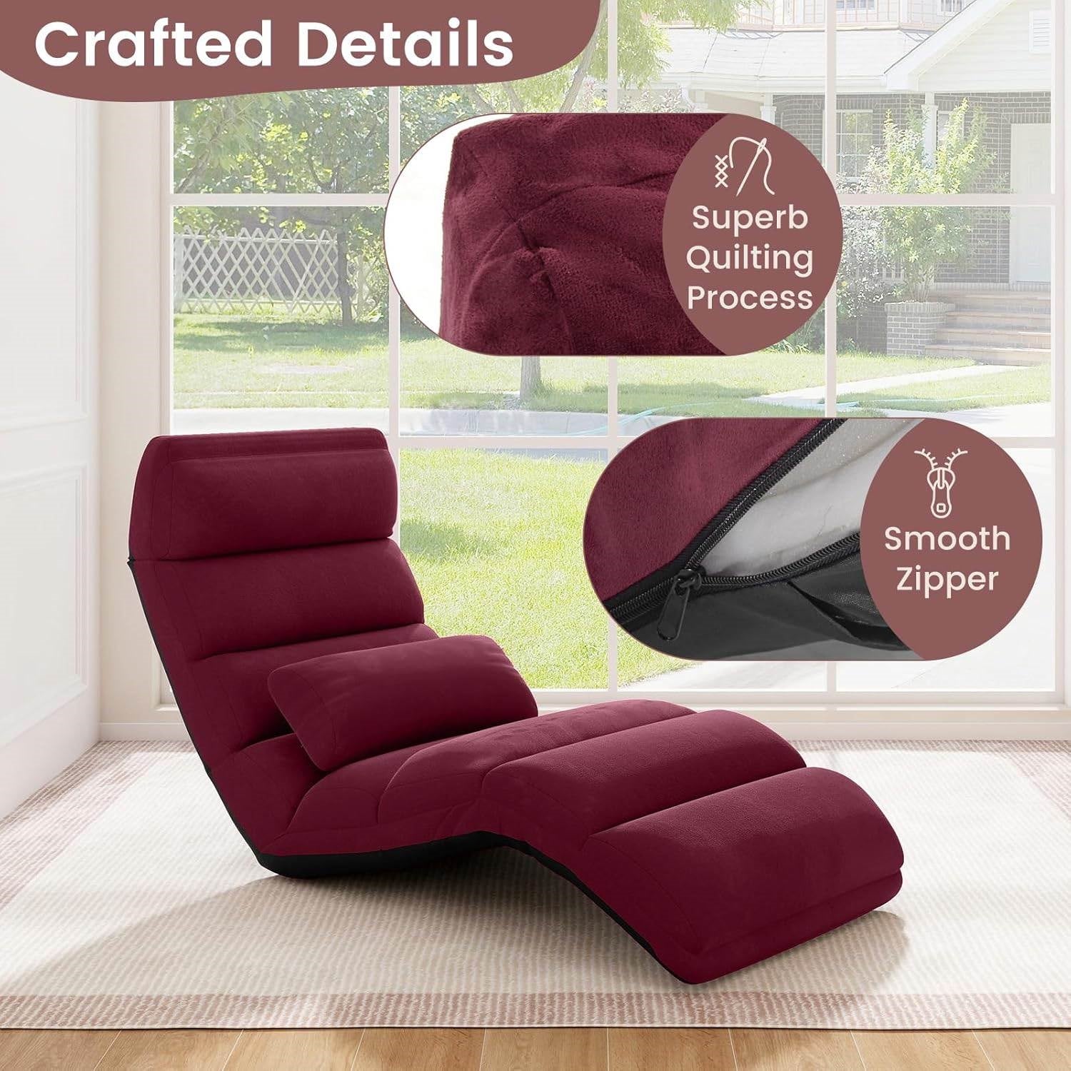 Burgundy Red Foldable Multi-Position Sofa Bed Lounger Couch with Pillow-3