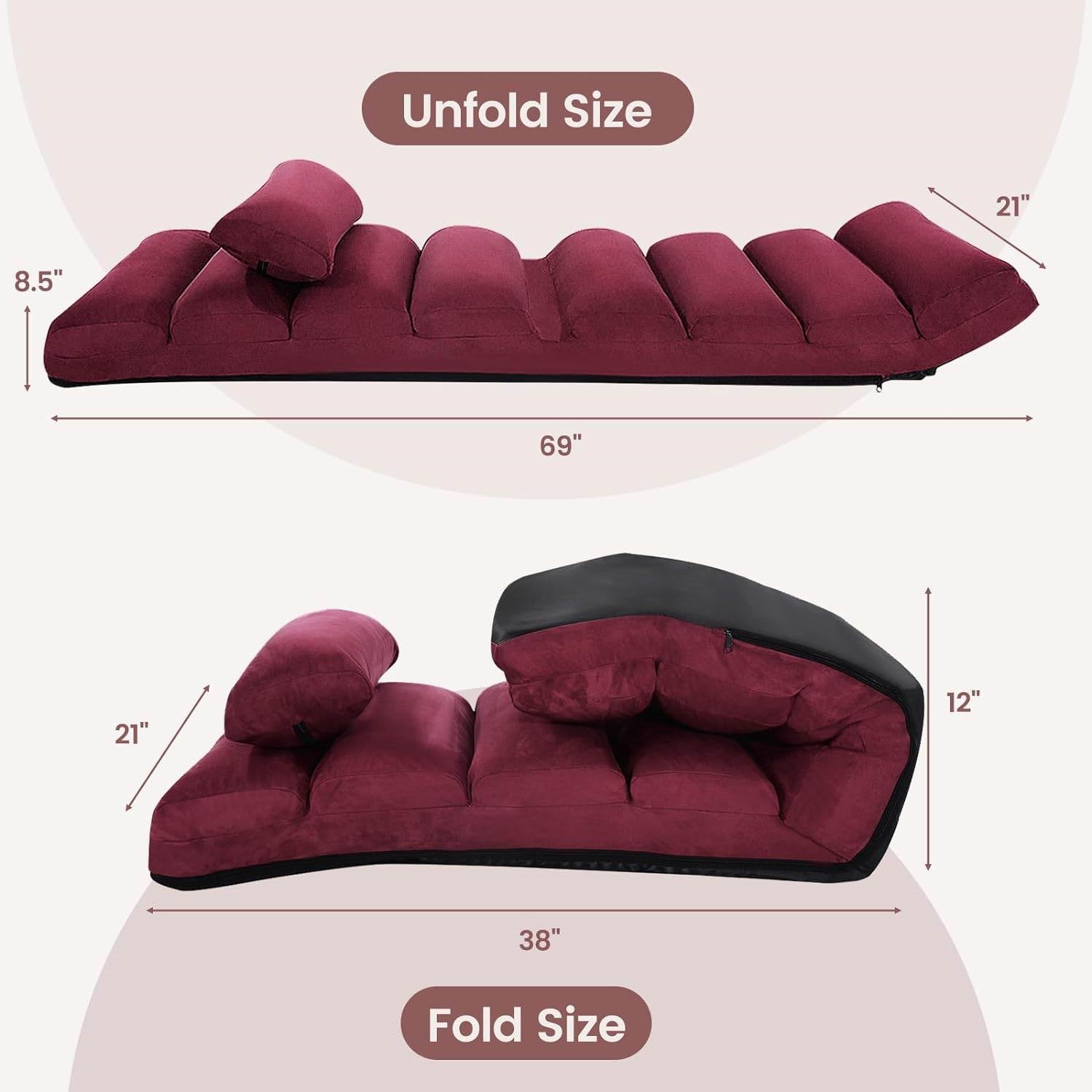 Burgundy Red Foldable Multi-Position Sofa Bed Lounger Couch with Pillow-4