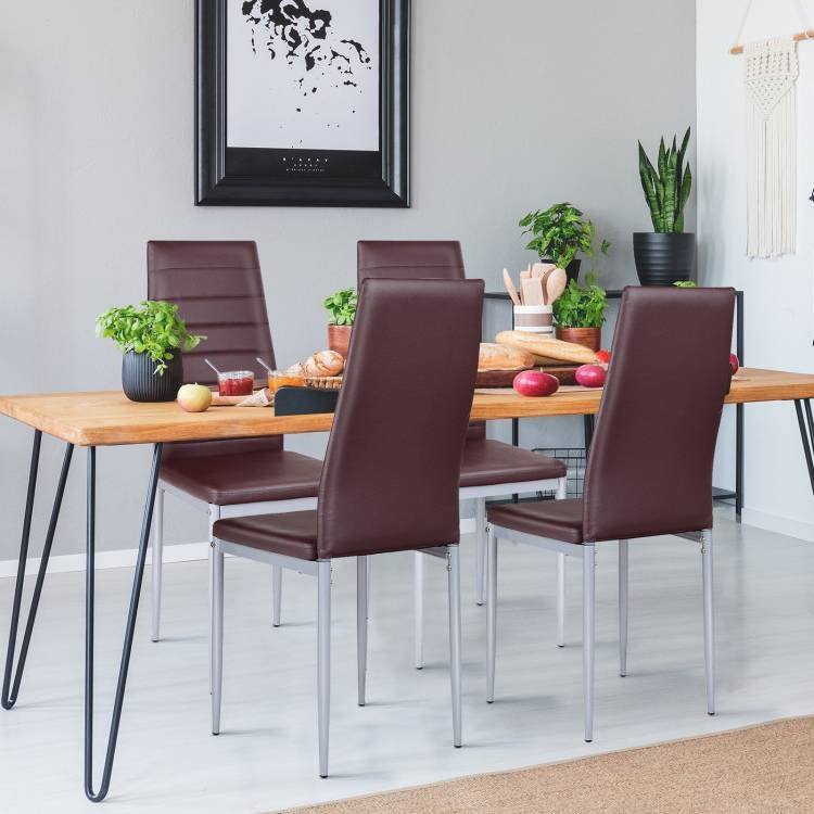 Set of 4 Modern High Back Brown PVC Leather Dining Chairs with Metal Legs-0