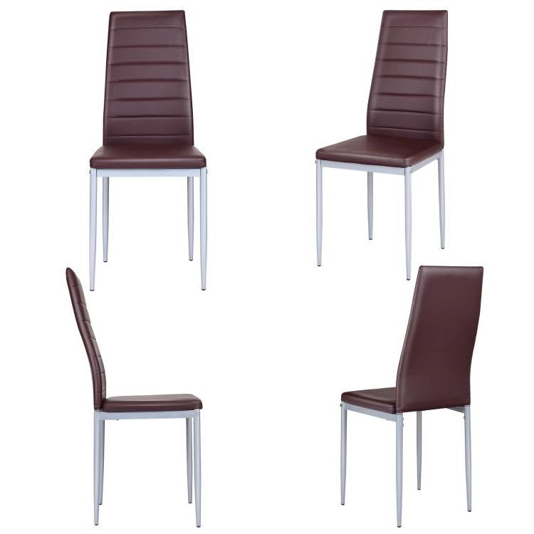 Set of 4 Modern High Back Brown PVC Leather Dining Chairs with Metal Legs-2