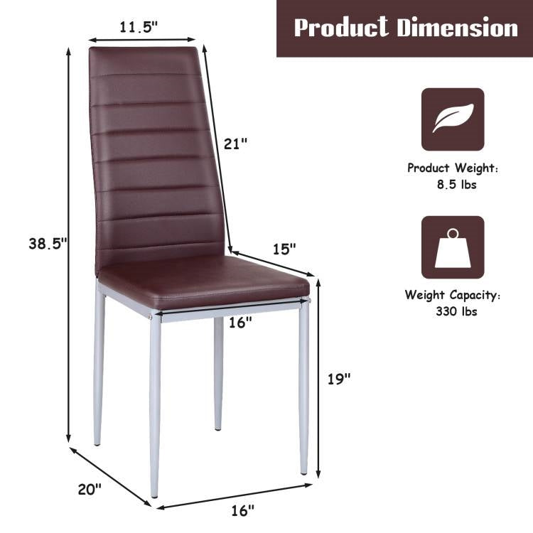 Set of 4 Modern High Back Brown PVC Leather Dining Chairs with Metal Legs-4