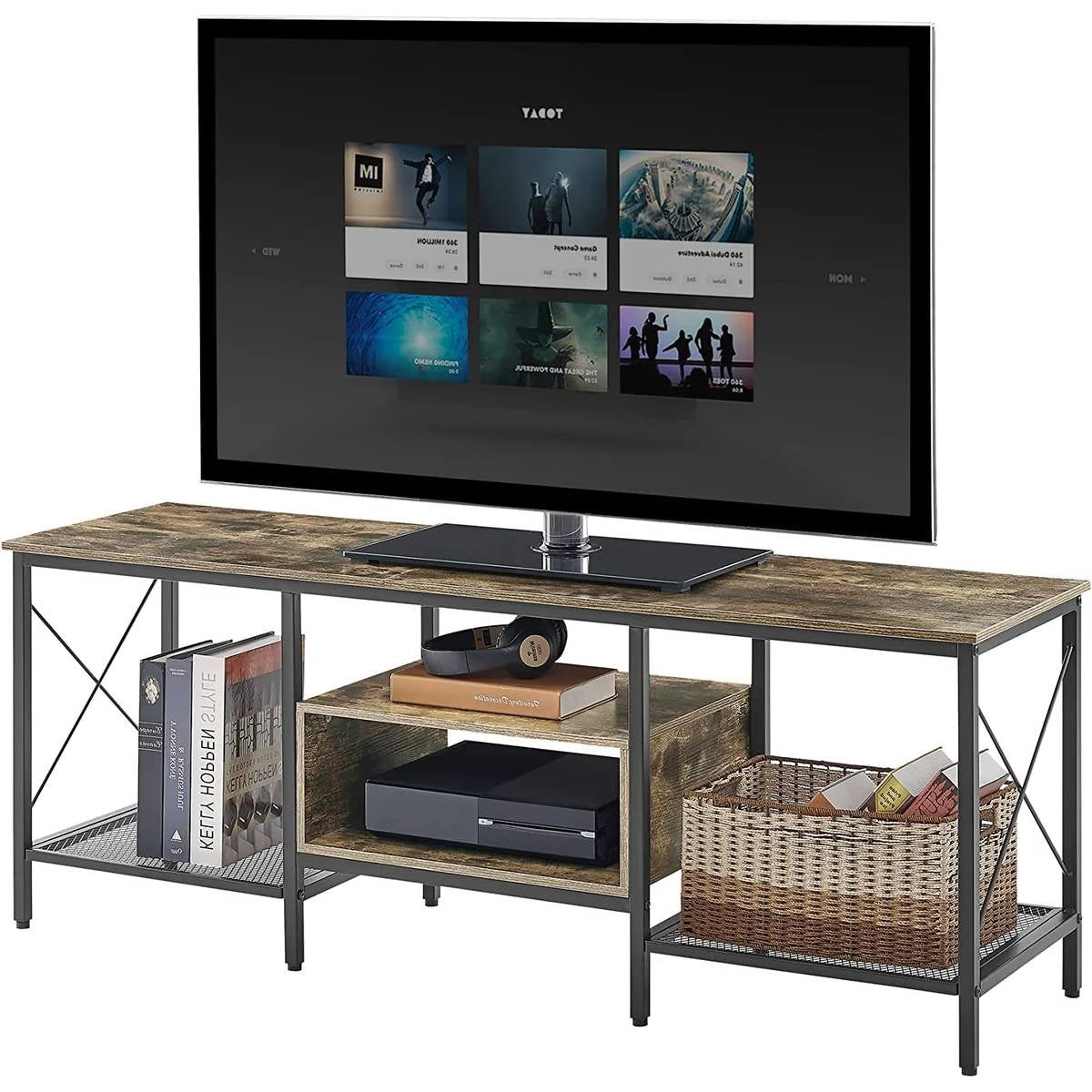 Industrial Farmhouse Metal Wood TV Stand with Media Storage Shelves-0