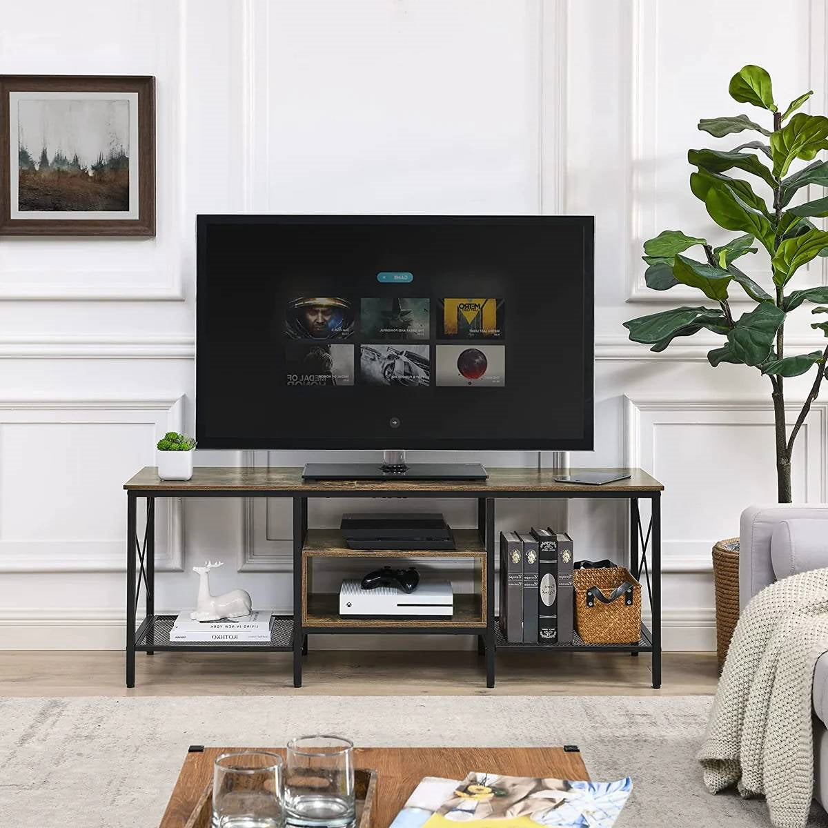 Industrial Farmhouse Metal Wood TV Stand with Media Storage Shelves-1