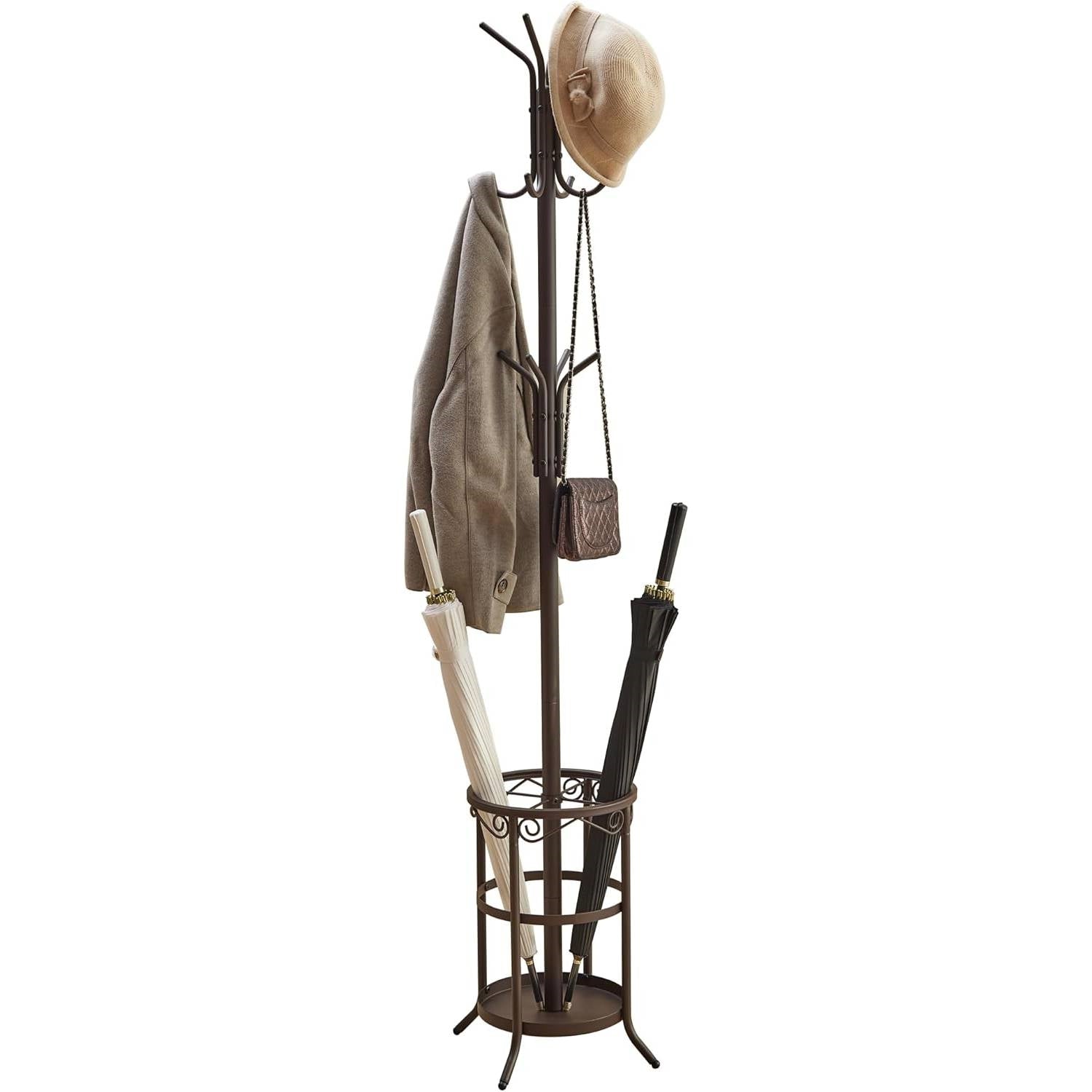 Brown Metal Coat Rack Entryway Hall Tree with Umbrella Stand-1