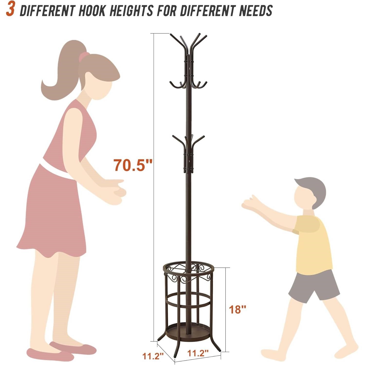 Brown Metal Coat Rack Entryway Hall Tree with Umbrella Stand-4