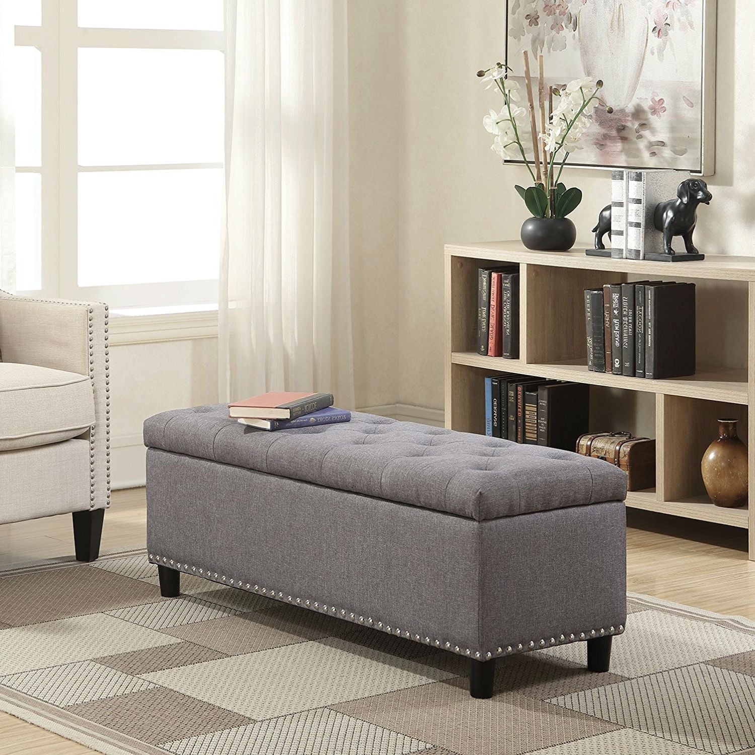 Grey Linen 48-inch Bedroom Storage Ottoman Bench Footrest-0