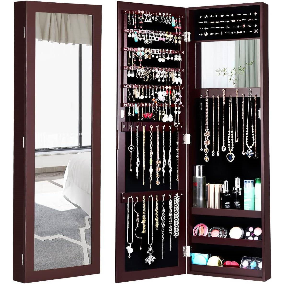 2-in-1 Dark Brown Wall or Door Mounted Jewelry Organizer Full Length Mirror-1