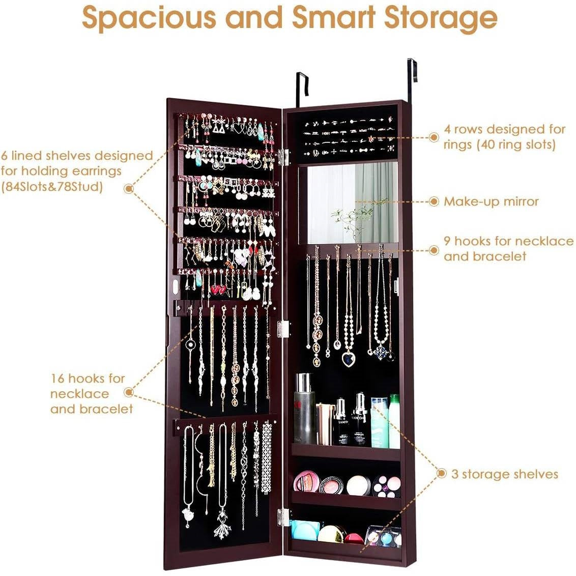 2-in-1 Dark Brown Wall or Door Mounted Jewelry Organizer Full Length Mirror-3