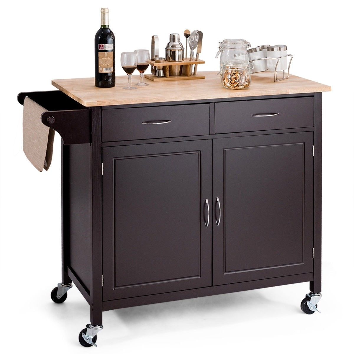 Brown Kitchen Island Storage Cart with Wood Top and Casters-0