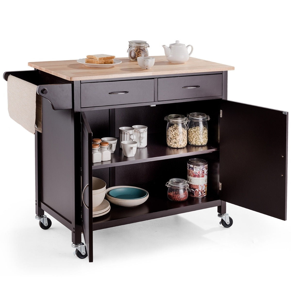 Brown Kitchen Island Storage Cart with Wood Top and Casters-3