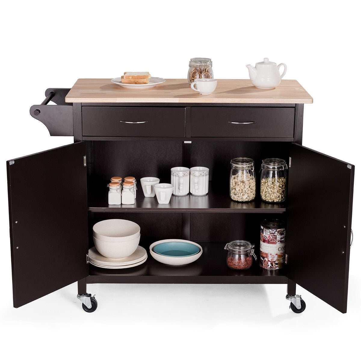 Brown Kitchen Island Storage Cart with Wood Top and Casters-4