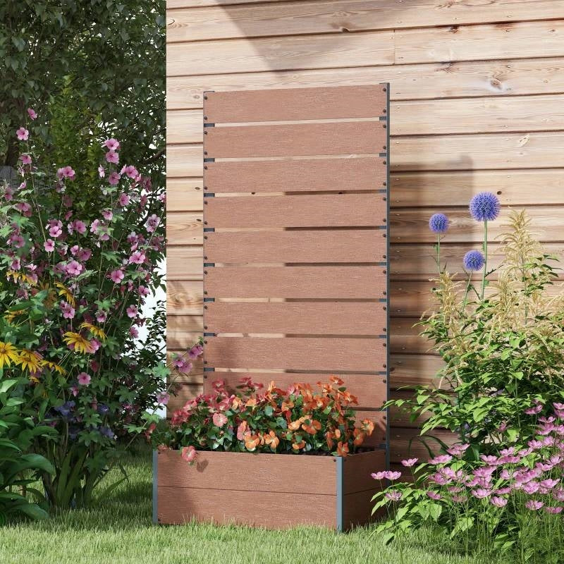 Raised Garden Bed Planter with Slatted Fence Trellis in Brown Wood Finish-1