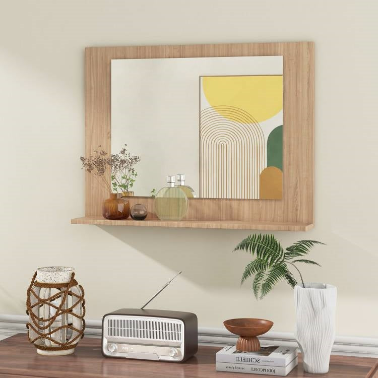 Rectangular 23 x 17 inch Bathroom Wall Mirror with Shelf in Brown Wood Finish-3